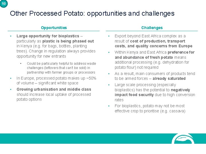 10 Other Processed Potato: opportunities and challenges Opportunities • • Export beyond East Africa