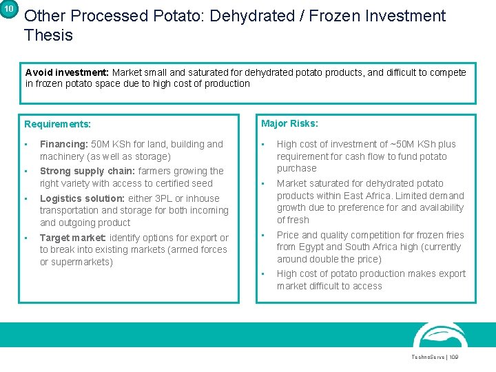10 Other Processed Potato: Dehydrated / Frozen Investment Thesis Avoid investment: Market small and 10 Other Processed Potato: Dehydrated / Frozen Investment Thesis Avoid investment: Market small and