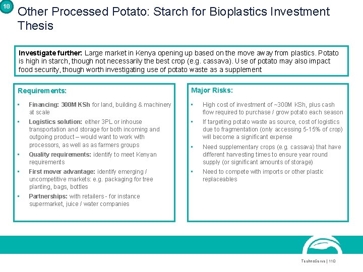 10 Other Processed Potato: Starch for Bioplastics Investment Thesis Investigate further: Large market in