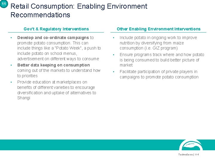 11 Retail Consumption: Enabling Environment Recommendations Gov’t & Regulatory Interventions • • • Develop