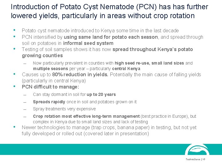 Introduction of Potato Cyst Nematode (PCN) has further lowered yields, particularly in areas without