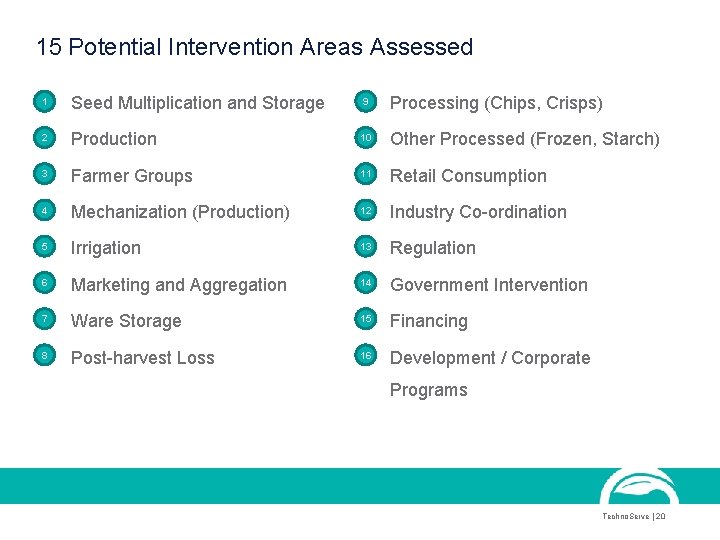 15 Potential Intervention Areas Assessed 1 • Seed Multiplication and Storage • 9 Processing