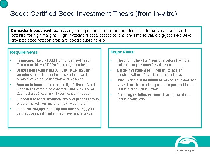 1 Seed: Certified Seed Investment Thesis (from in-vitro) Consider Investment: particularly for large commercial