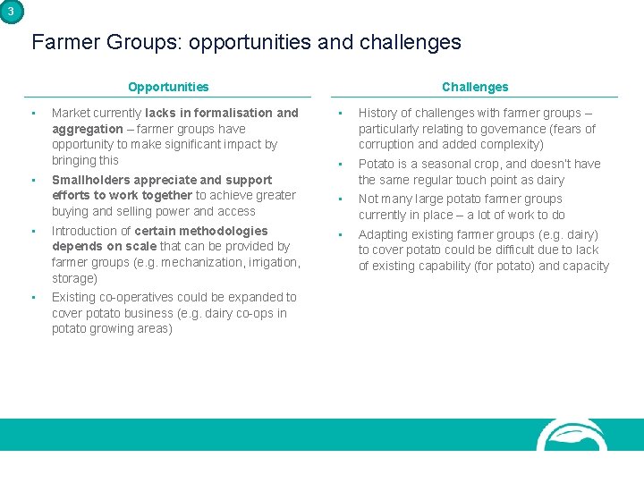 3 Farmer Groups: opportunities and challenges Opportunities • • Market currently lacks in formalisation