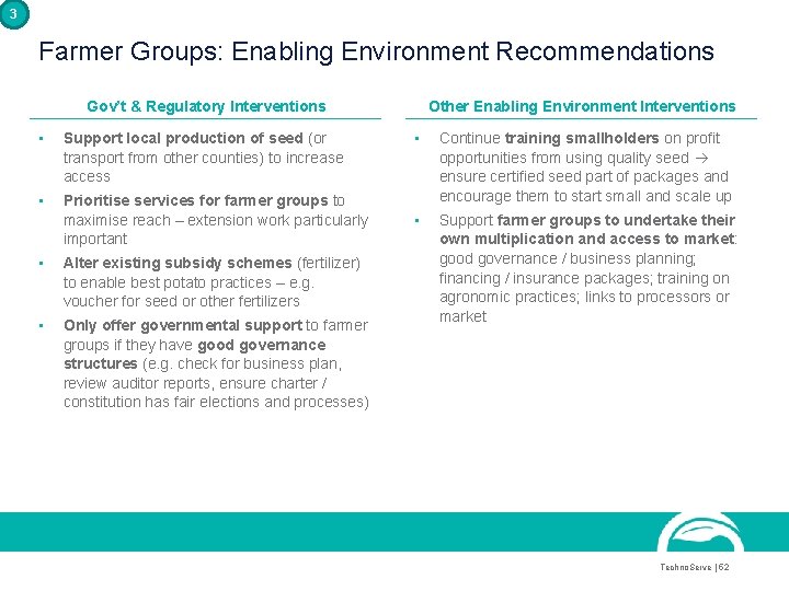 3 Farmer Groups: Enabling Environment Recommendations Gov’t & Regulatory Interventions • Support local production
