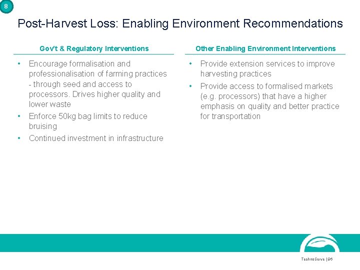 8 Post-Harvest Loss: Enabling Environment Recommendations Gov’t & Regulatory Interventions • Encourage formalisation and