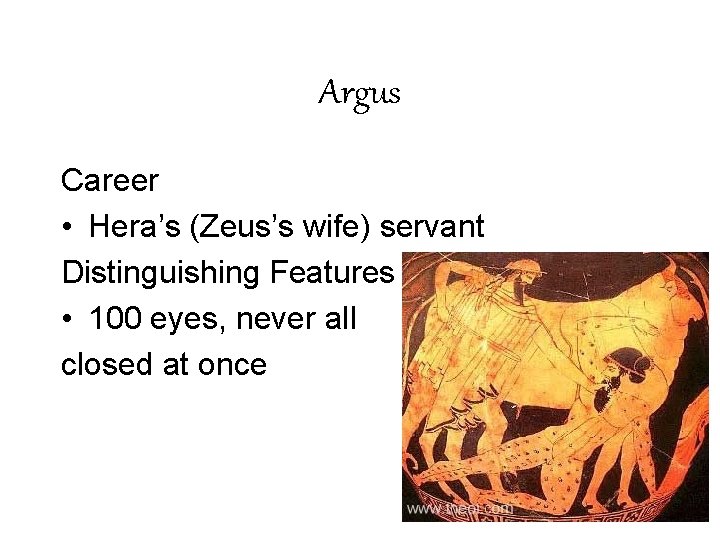 Argus Career • Hera’s (Zeus’s wife) servant Distinguishing Features • 100 eyes, never all
