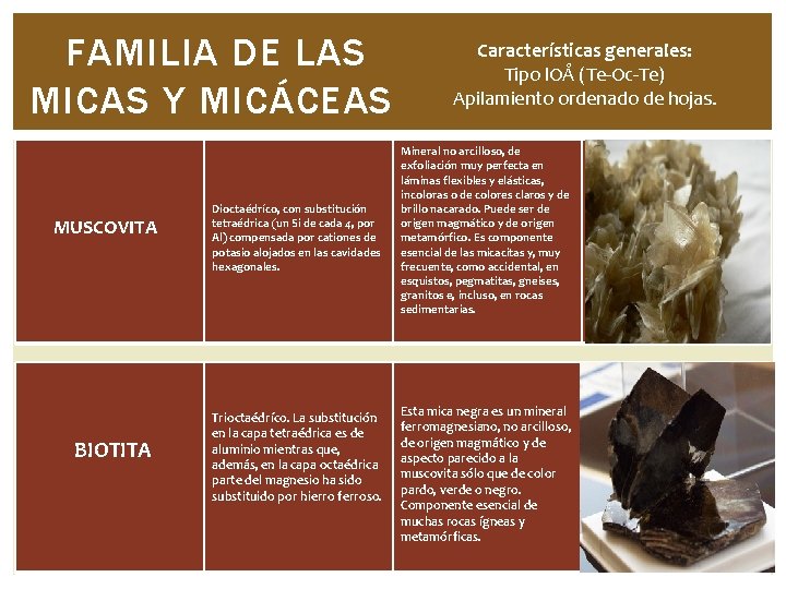 FAMILIA DE LAS MICAS Y MICÁCEAS MUSCOVITA BIOTITA Dioctaédríco, con substitución tetraédrica (un Si