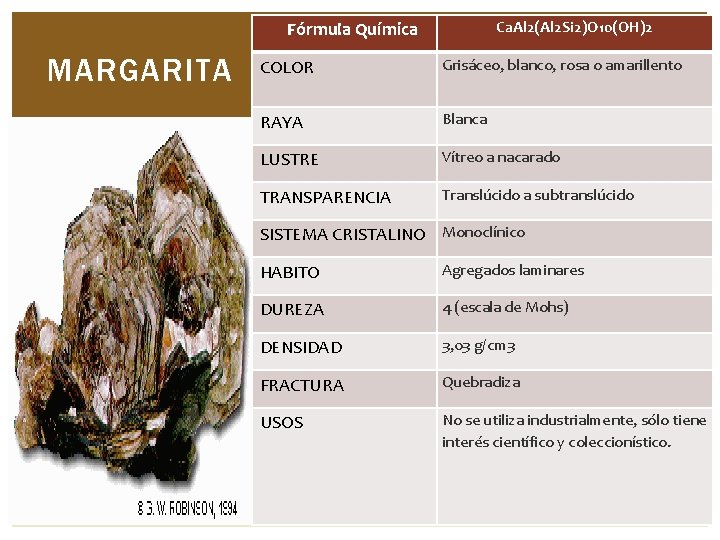 Ca. Al 2(Al 2 Si 2)O 10(OH)2 Fórmula Química MARGARITA COLOR Grisáceo, blanco, rosa