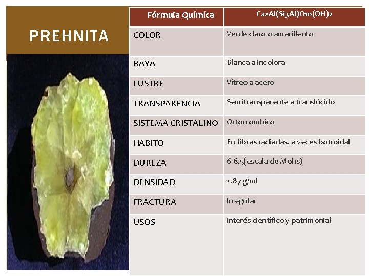  Fórmula Química PREHNITA Ca 2 Al(Si 3 Al)O 10(OH)2 COLOR Verde claro o