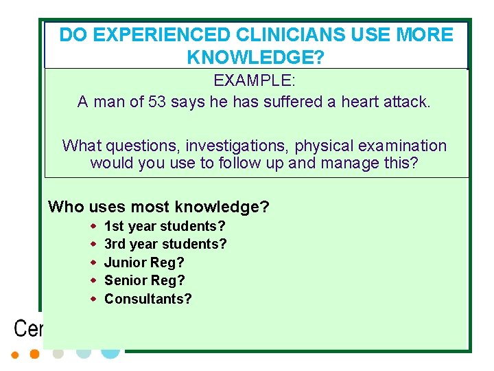 DO EXPERIENCED CLINICIANS USE MORE KNOWLEDGE? EXAMPLE: A man of 53 says he has DO EXPERIENCED CLINICIANS USE MORE KNOWLEDGE? EXAMPLE: A man of 53 says he has