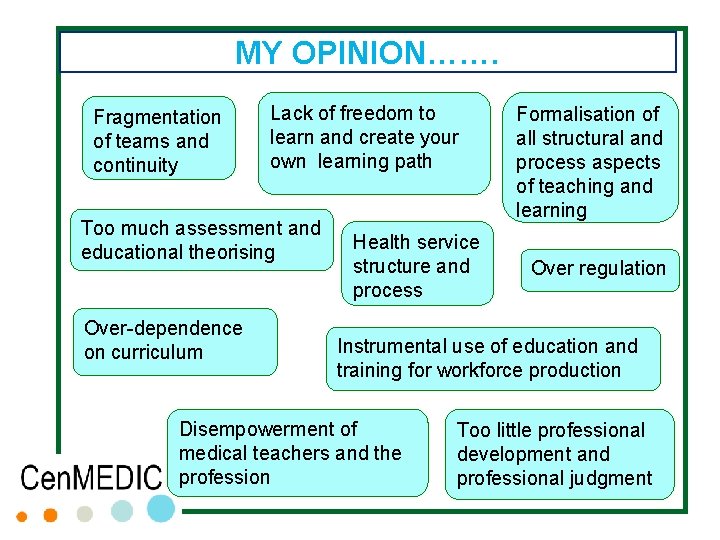 MY OPINION……. Fragmentation of teams and continuity Lack of freedom to learn and create MY OPINION……. Fragmentation of teams and continuity Lack of freedom to learn and create