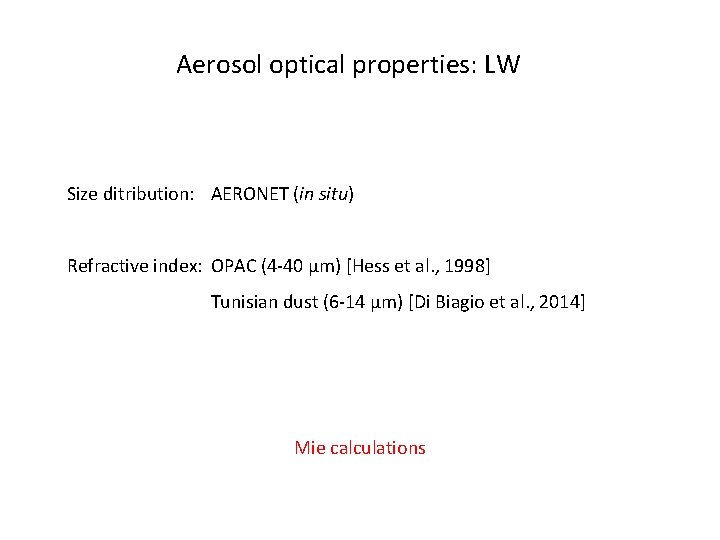 Aerosol optical properties: LW Size ditribution: AERONET (in situ) Refractive index: OPAC (4 -40