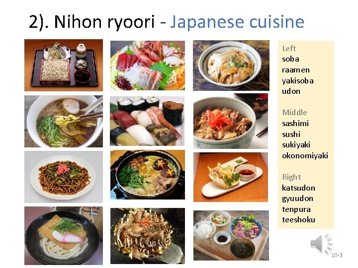 2). Nihon ryoori - Japanese cuisine Left soba raamen yakisoba udon Middle sashimi sushi