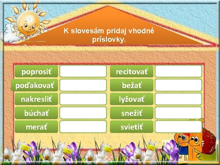 K slovesám pridaj vhodné príslovky. poprosiť recitovať poďakovať bežať nakresliť lyžovať búchať snežiť merať