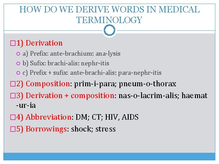 HOW DO WE DERIVE WORDS IN MEDICAL TERMINOLOGY � 1) Derivation a) Prefix: ante-brachium;