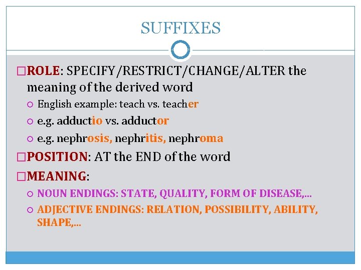SUFFIXES �ROLE: SPECIFY/RESTRICT/CHANGE/ALTER the meaning of the derived word English example: teach vs. teacher