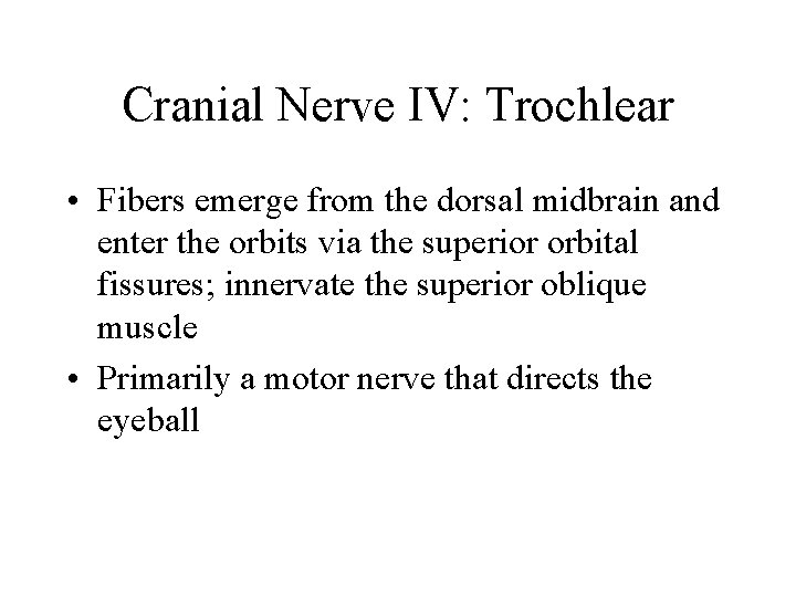 Cranial Nerve IV: Trochlear • Fibers emerge from the dorsal midbrain and enter the