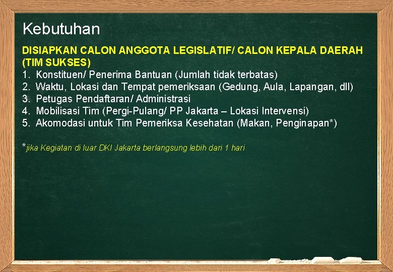 Kebutuhan DISIAPKAN CALON ANGGOTA LEGISLATIF/ CALON KEPALA DAERAH (TIM SUKSES) 1. Konstituen/ Penerima Bantuan