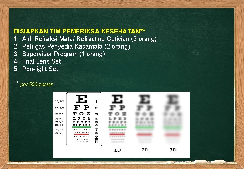 DISIAPKAN TIM PEMERIKSA KESEHATAN** 1. Ahli Refraksi Mata/ Refracting Optician (2 orang) 2. Petugas