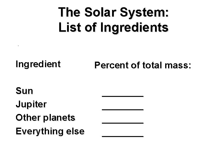 The Solar System: List of Ingredients Ingredient Sun Jupiter Other planets Everything else Percent