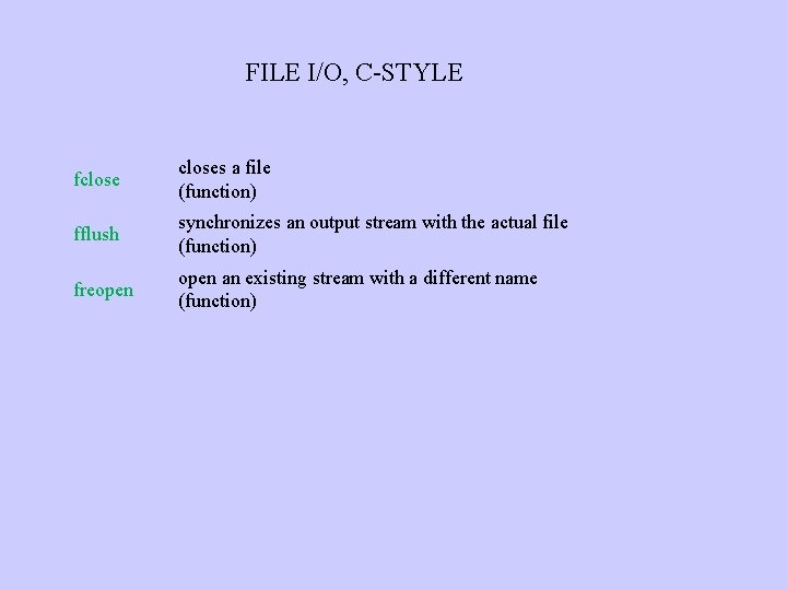 FILE I/O, C-STYLE fcloses a file (function) fflush synchronizes an output stream with the