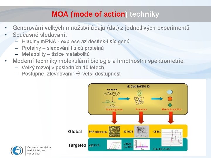 MOA (mode of action) techniky • Generování velkých množství údajů (dat) z jednotlivých experimentů