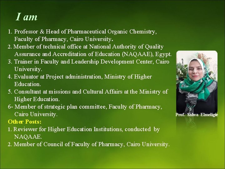 I am 1. Professor & Head of Pharmaceutical Organic Chemistry, Faculty of Pharmacy, Cairo