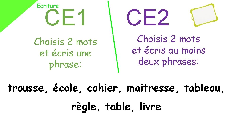 Ecriture CE 1 Choisis 2 mots et écris une phrase: CE 2 Choisis 2