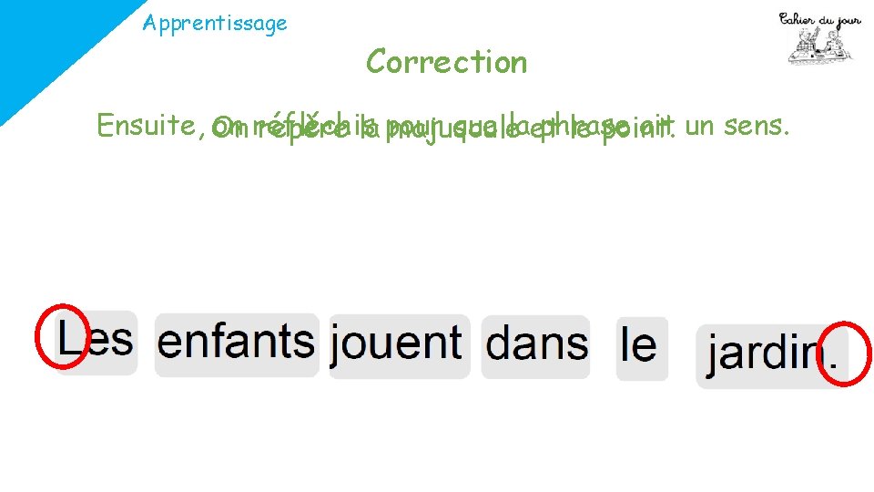 Apprentissage Correction Ensuite, On on réfléchis que laet phrase ait un sens. repère la