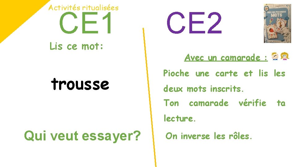 Activités ritualisées CE 1 Lis ce mot: trousse CE 2 Avec un camarade : Activités ritualisées CE 1 Lis ce mot: trousse CE 2 Avec un camarade :
