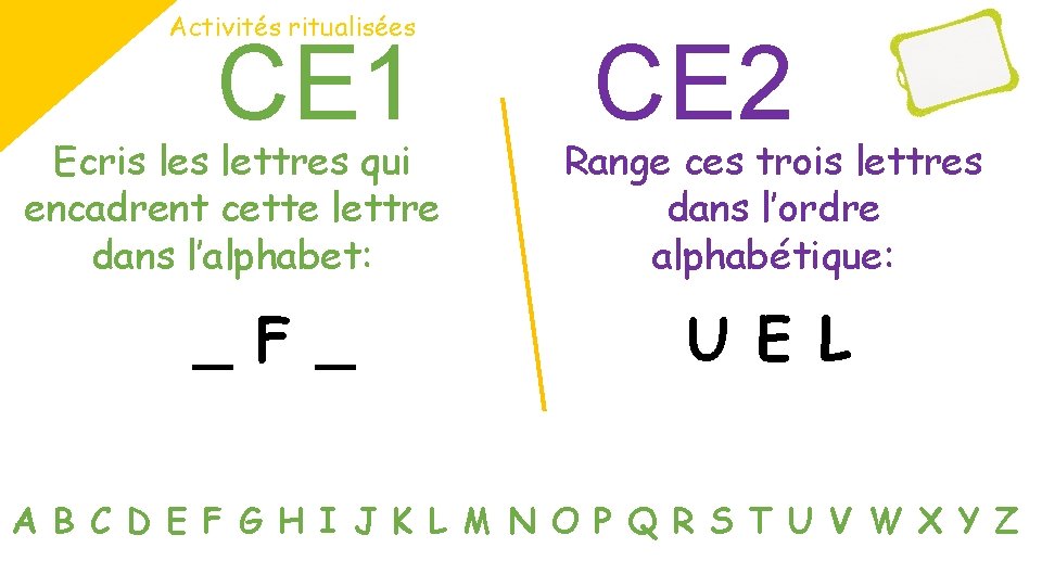 Activités ritualisées CE 1 Ecris lettres qui encadrent cette lettre dans l’alphabet: _ F