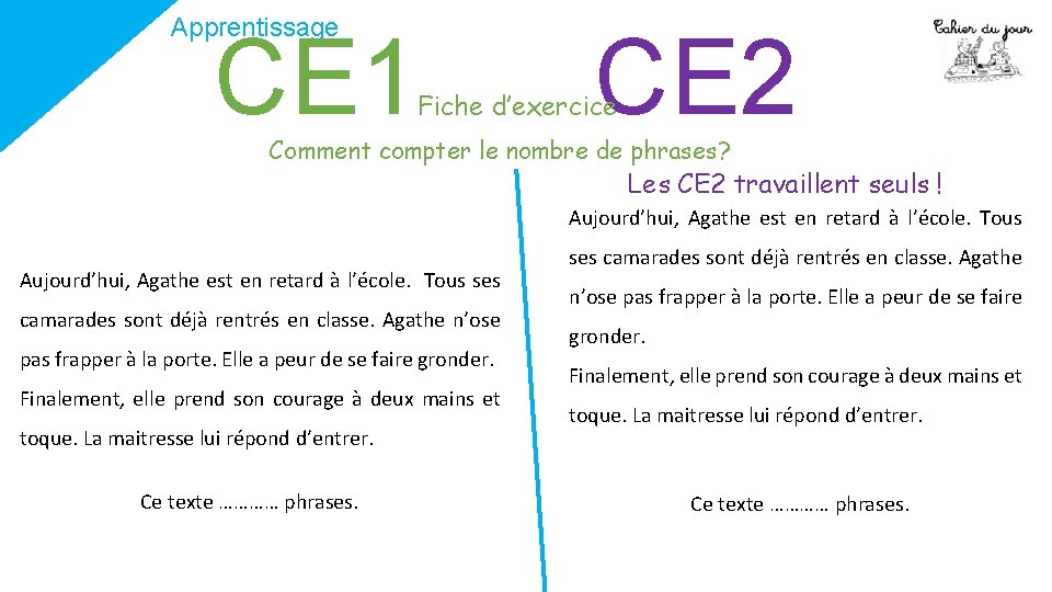 Apprentissage CE 1 CE 2 Fiche d’exercice Comment compter le nombre de phrases? Les