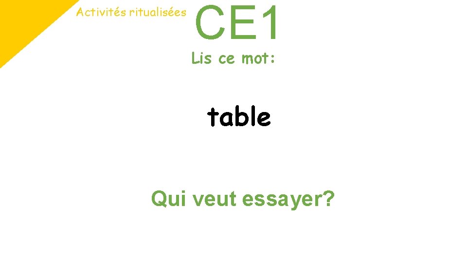 Activités ritualisées CE 1 Lis ce mot: table Qui veut essayer? Activités ritualisées CE 1 Lis ce mot: table Qui veut essayer?