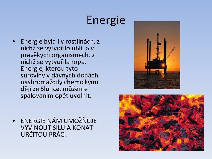Energie • Energie byla i v rostlinách, z nichž se vytvořilo uhlí, a v