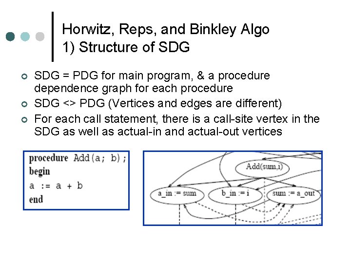 Horwitz, Reps, and Binkley Algo 1) Structure of SDG ¢ ¢ ¢ SDG =
