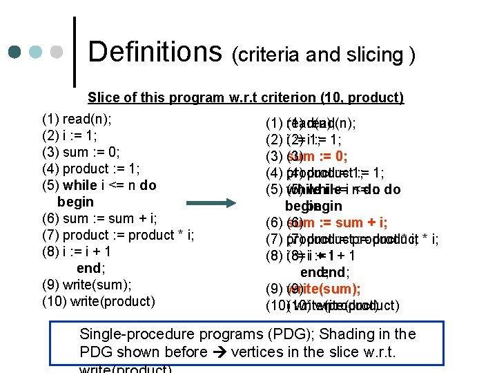 Definitions (criteria and slicing ) Slice of this program w. r. t criterion (10,