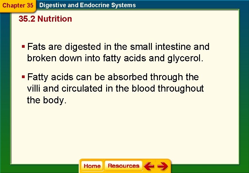 Chapter 35 Digestive and Endocrine Systems 35. 2 Nutrition § Fats are digested in