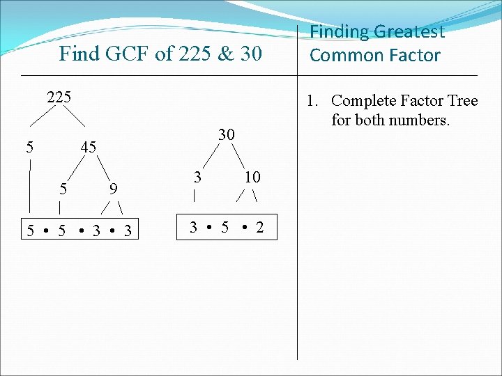 Find GCF of 225 & 30 225 5 5 1. Complete Factor Tree for