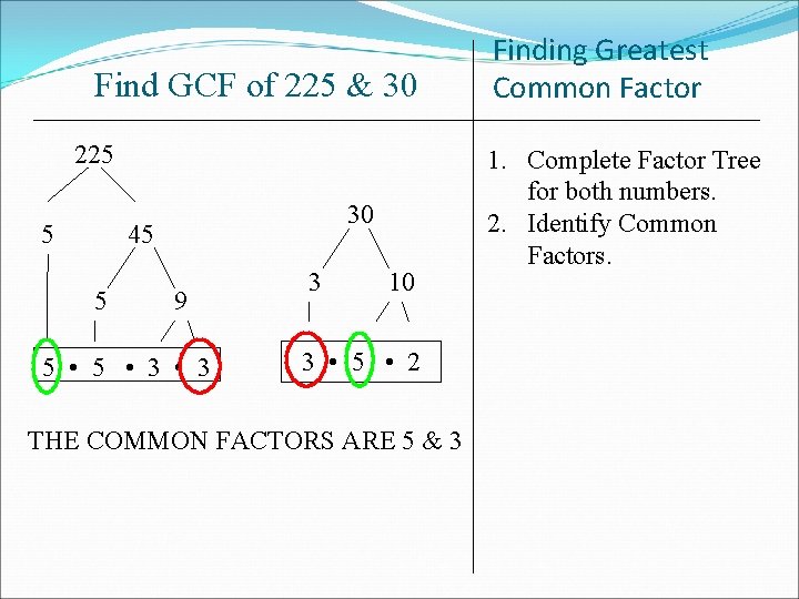 Find GCF of 225 & 30 225 5 30 45 5 9 5 •