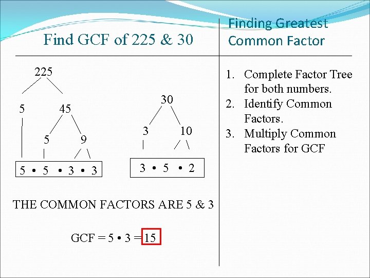 Find GCF of 225 & 30 225 5 30 45 5 9 5 •