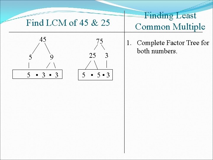 Find LCM of 45 & 25 45 5 75 9 5 • 3 25