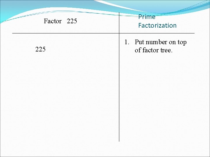 Factor 225 Prime Factorization 1. Put number on top of factor tree. 