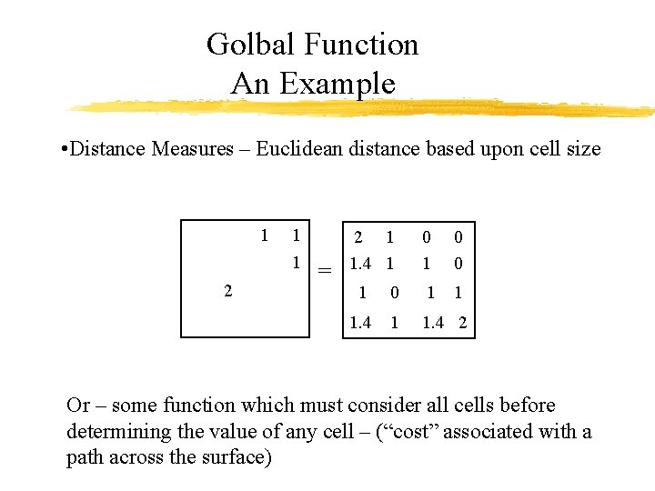 Golbal Function An Example • Distance Measures – Euclidean distance based upon cell size