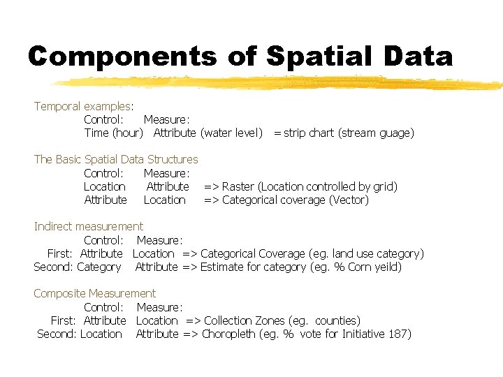 Components of Spatial Data Temporal examples: Control: Measure: Time (hour) Attribute (water level) =