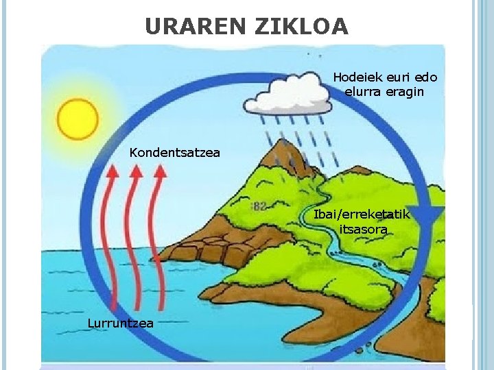 URAREN ZIKLOA Hodeiek euri edo elurra eragin Kondentsatzea Ibai/erreketatik itsasora Lurruntzea 