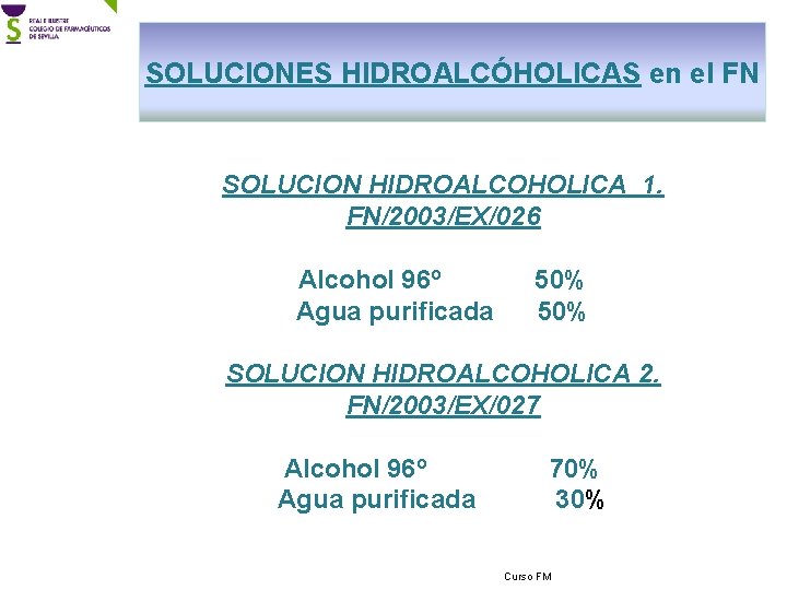 SOLUCIONES HIDROALCÓHOLICAS en el FN SOLUCION HIDROALCOHOLICA 1. FN/2003/EX/026 Alcohol 96º Agua purificada 50%