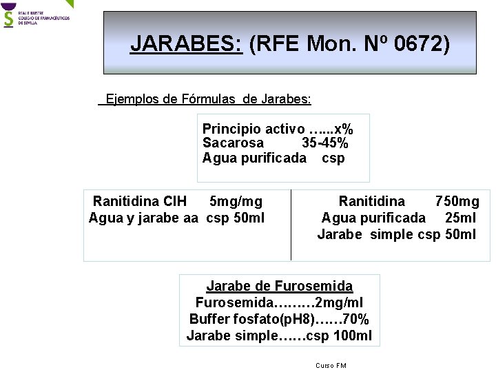 JARABES: (RFE Mon. Nº 0672) Ejemplos de Fórmulas de Jarabes: Principio activo …. .