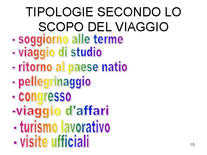 TIPOLOGIE SECONDO LO SCOPO DEL VIAGGIO 15 