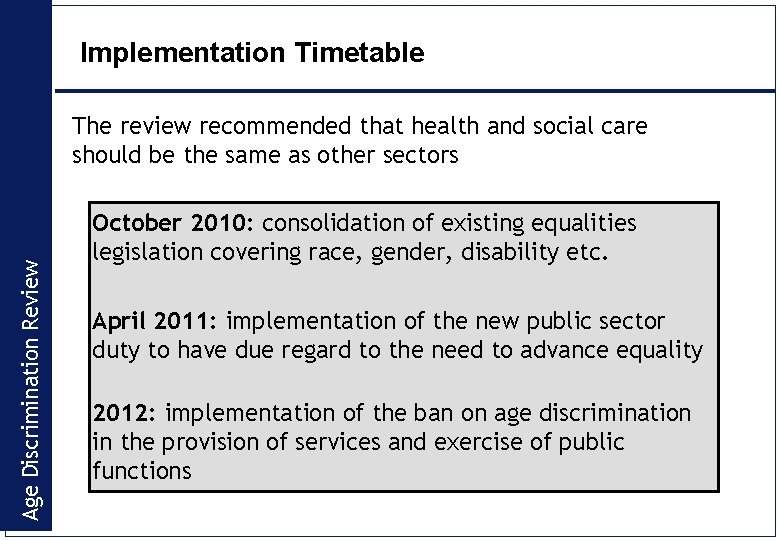 Implementation Timetable Age Discrimination Review The review recommended that health and social care should